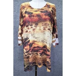 Jess & Jane Women XL Animal Print Tunic Top Slub Knit Striped Sleeves Semi Sheer